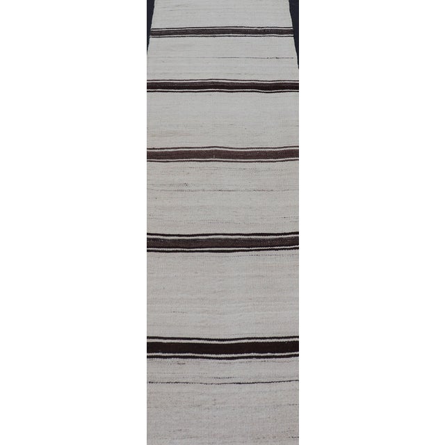 Ivory Vintage Turkish Kilim Small Runner With Ivory and Dark Brown Stripes 2'0 X 7'10 For Sale - Image 8 of 11