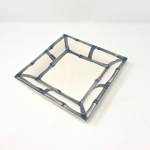 Fret Rim Tray — Italian Hand-Painted Ceramic, Bamboo Motif, Gray For Sale - Image 4 of 5