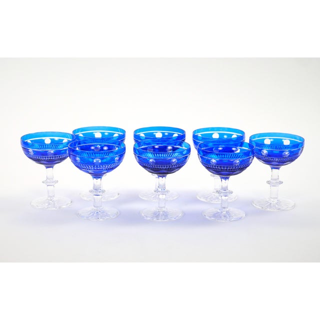 Val Saint Lambert Cobalt Crystal Champagne Coupe Glass, Service for 8 People For Sale - Image 13 of 13