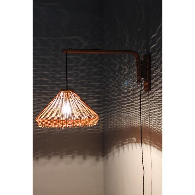 Adjustable Oak and Wicker Wall Lamp, Czechoslovakia, 1970s For Sale - Image 11 of 12