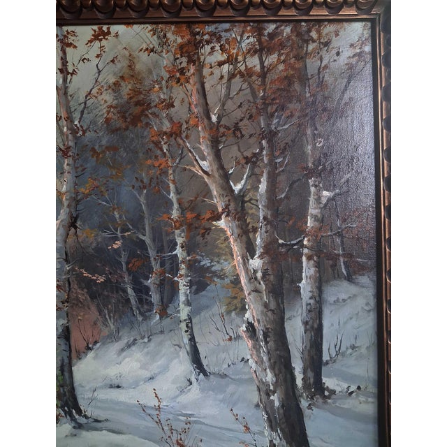 20th Century Winter River Sunset Landscape Oil Painting With Birches, Signed Cardi For Sale - Image 4 of 11