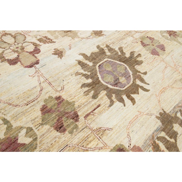 Beige Allover Floral Contemporary Oushak Style Handmade Wool Rug in Beige For Sale - Image 8 of 8