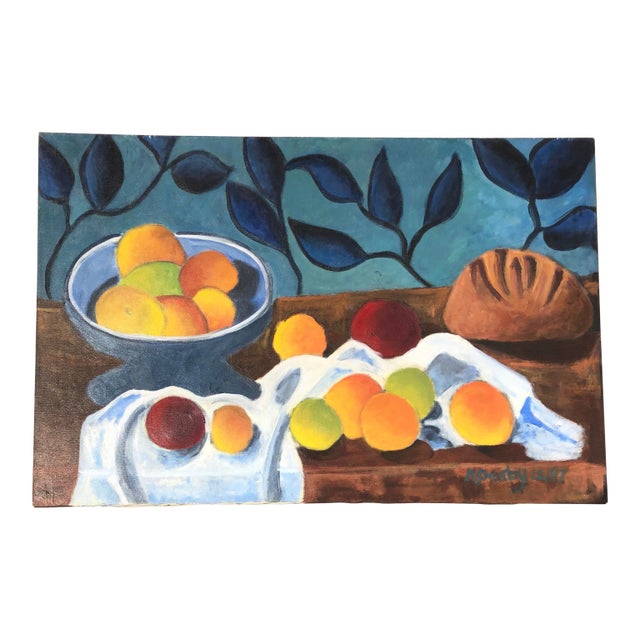 Original Contemporary Still Life Tabletop W/Fruit & Bread Painting For Sale