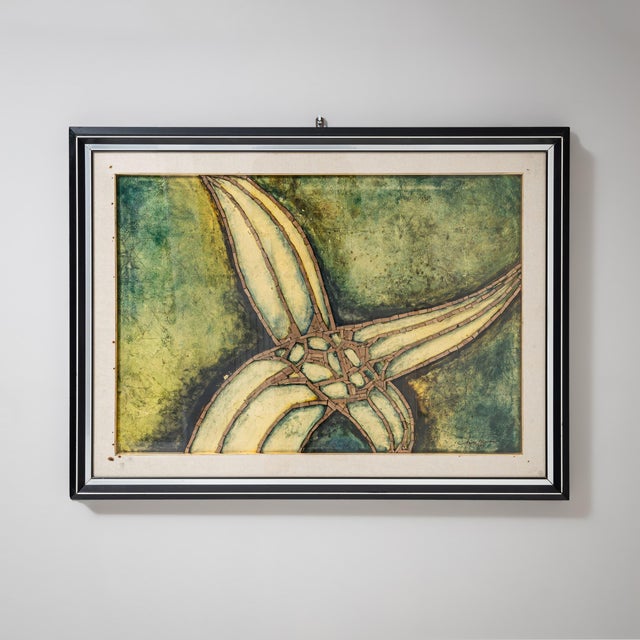 Modern abstract collage from 1973, composed in deep shades of green. Framed under glass with a fabric-covered mat and a...