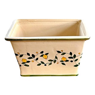 Vintage Rectangular Planter With Hand Painted Lemons and Green Trim For Sale