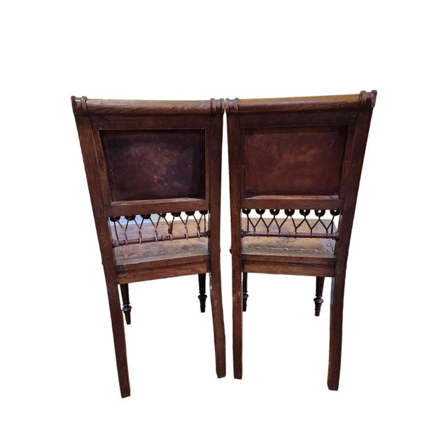 French Early 1900's French Embossed Leather Hall Chairs- a Pair For Sale - Image 3 of 7