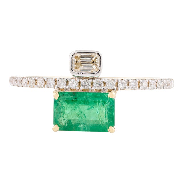 East West Octagon Emerald & Diamond Wedding Ring Size 5.5 For Sale