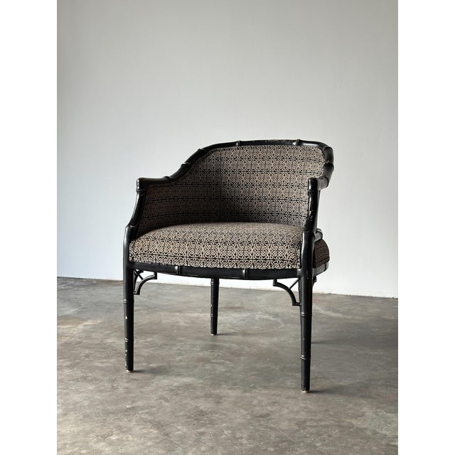 Hollywood Regency Vintage Black Lacquered Faux Bamboo Barrel-Back Armchair For Sale - Image 3 of 18