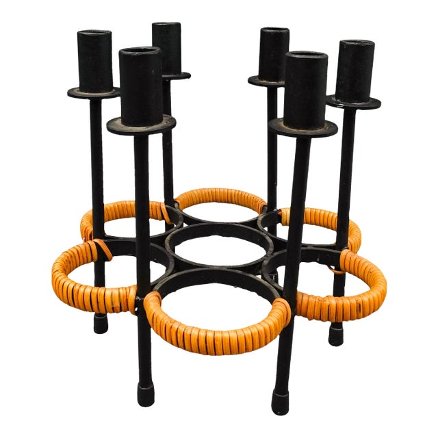 Mid 20th Century Arthur Umanoff for Raymor Iron Rattan 6-Light Candle Stick Holder Candelabra For Sale