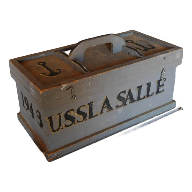 Vintage World War II Navy Sailors Box Uss La Salle 1943 Painted Tool Ditty Chest Warship Transport Gray Painted Signed For Sale