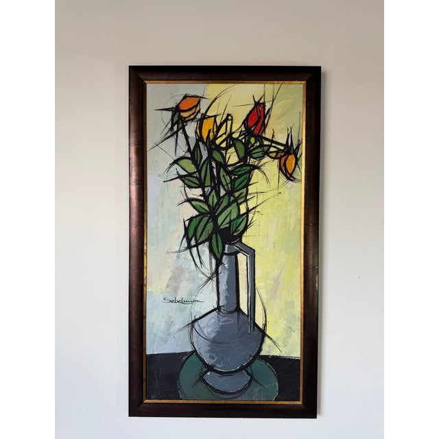 Mid-Century Modern Vintage Sebelancon “Boutons De Roses” Original Oil on Canvas Painting – Framed For Sale - Image 3 of 16