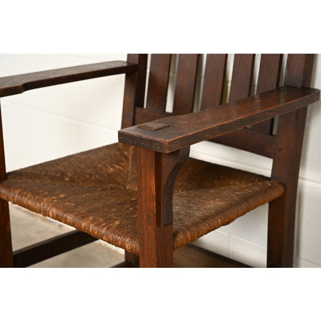 Gustav Stickley Antique Mission Oak Arts & Crafts Armchair With Rush Seat, Circa 1910 For Sale - Image 9 of 14