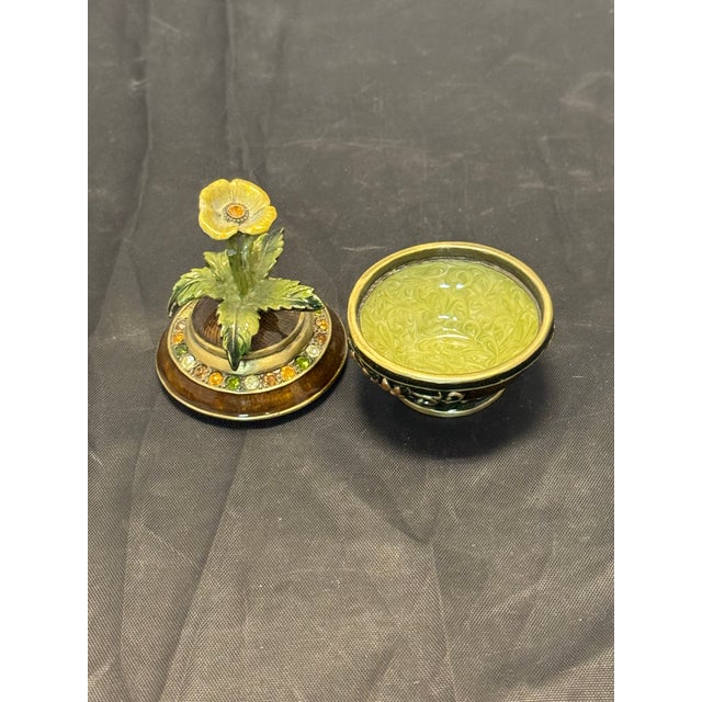 Mid 20th Century Vintage Mid Century Enameled Brass Pedestal Trinket Dish Floral Pattern Jeweled For Sale - Image 5 of 10
