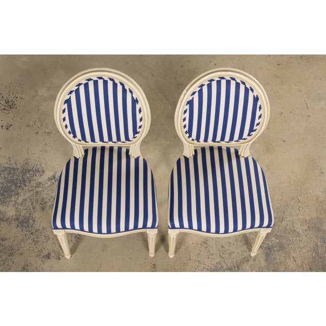 Pair of Antique French Louis XVI Style Painted Side Chairs in Blue Stripe For Sale - Image 4 of 18