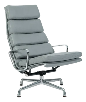 Eames Soft Pad Recliner for Herman Miller, Gray Leather Aluminum Group Lounge Chair