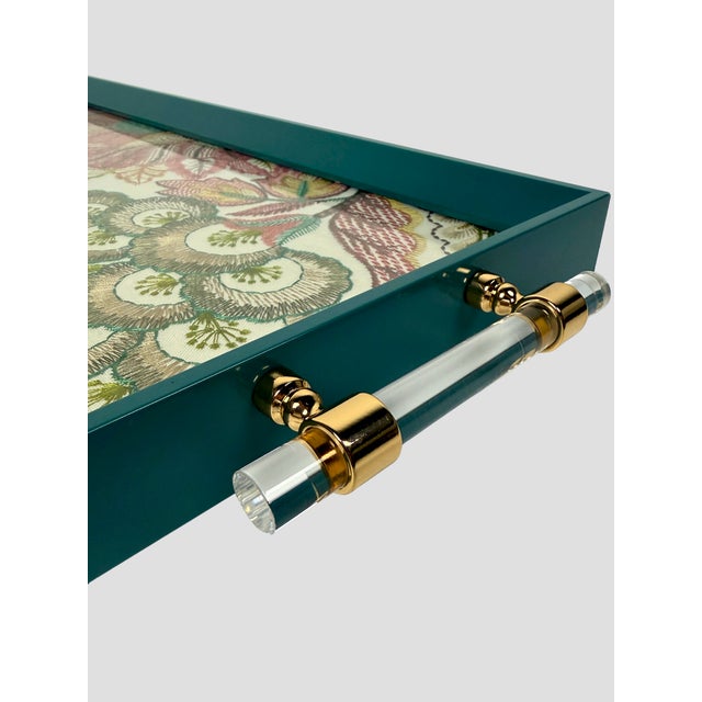 Custom Tray Lee Jofa Embroidered Linen Teal For Sale In Greensboro - Image 6 of 11