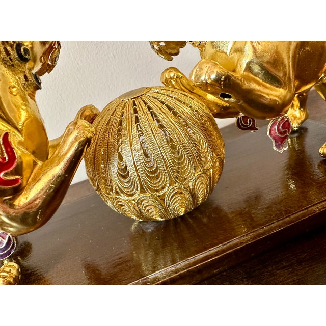 Late 20th Century Gold Gilt Cloisonné Filagree Foo Dogs For Sale - Image 5 of 7