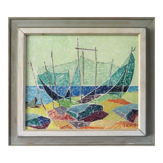 Mid-Century Modern 'Shoreline Colour' Vintage Original Abstract Coastal Landscape Oil Painting, Framed For Sale