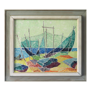 Mid-Century Modern 'Shoreline Colour' Vintage Original Abstract Coastal Landscape Oil Painting, Framed