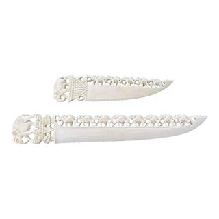 Two Letter Openers Set Vintage Bone Colored Ivory Elephant Motif For Sale