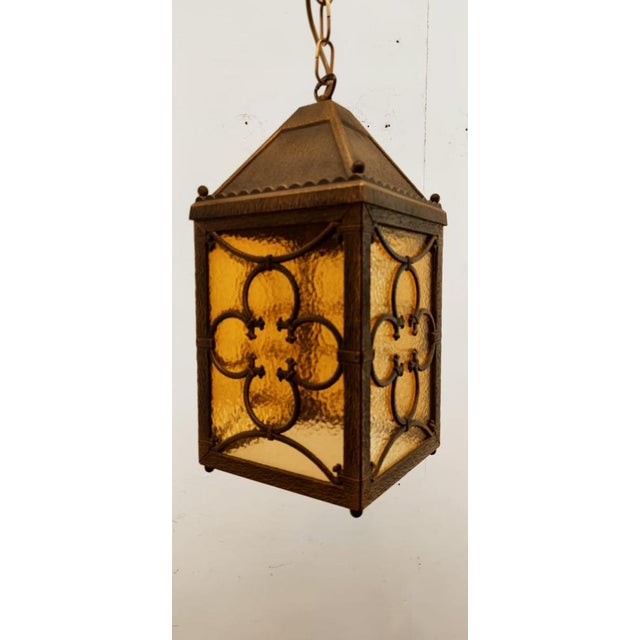 Brass Lantern Hanging Light in Amber Glass For Sale - Image 10 of 14