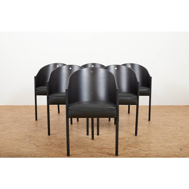 Costes Chair Set in Black Lacquered Tubular Steel Frame, Molded Plywood Seat and Leather by Philippe Starck, 1984, Set of 6 For Sale - Image 9 of 17