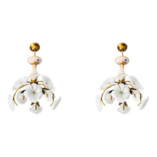 Mid 20th Century Italian Handmade Porcelain & White Murano Style Glass Daisy Chandeliers - a Pair For Sale