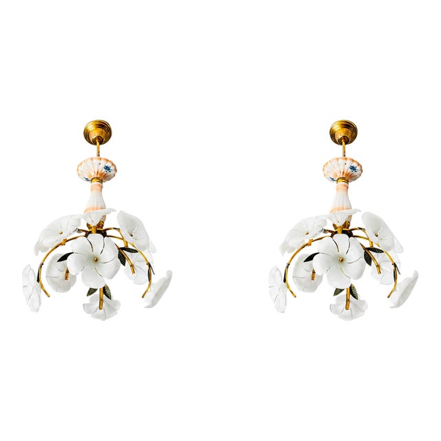 Mid 20th Century Italian Handmade Porcelain & White Murano Style Glass Daisy Chandeliers - a Pair For Sale