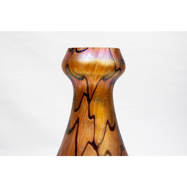 Amber-Orange Vases in Iridescent Molded Glass with Wavy Relief Decor from Pallme-König & Habel, Bohemia, 1900s, Set of 2 For Sale - Image 3 of 11