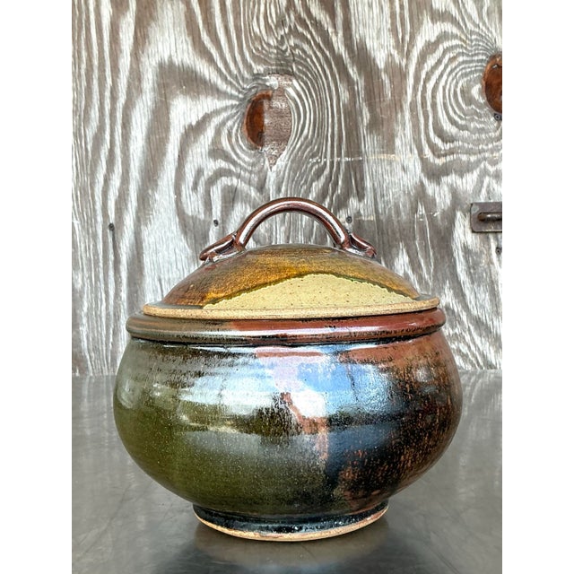 Rustic European Vintage Boho Studio Pottery Lidded Bowl For Sale - Image 3 of 12