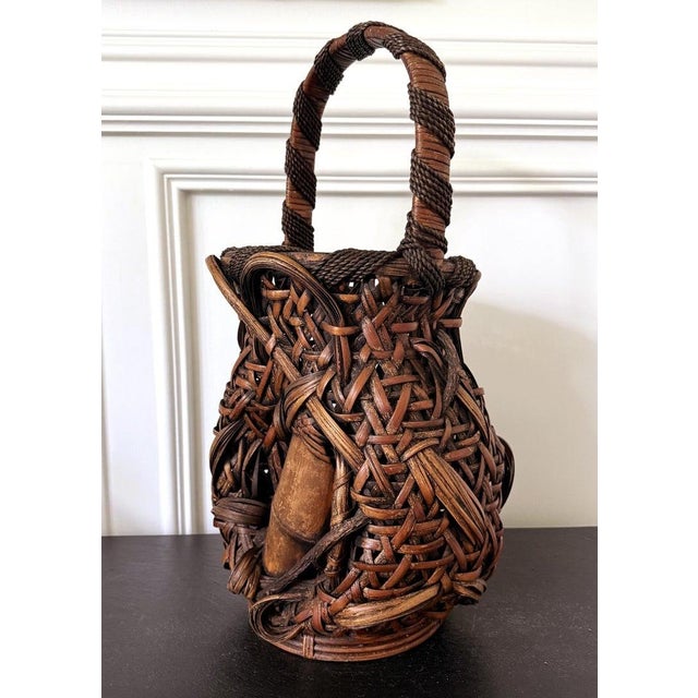 Large Antique Japanese Smoked Bamboo Basket Ikebana Mingei For Sale - Image 11 of 18