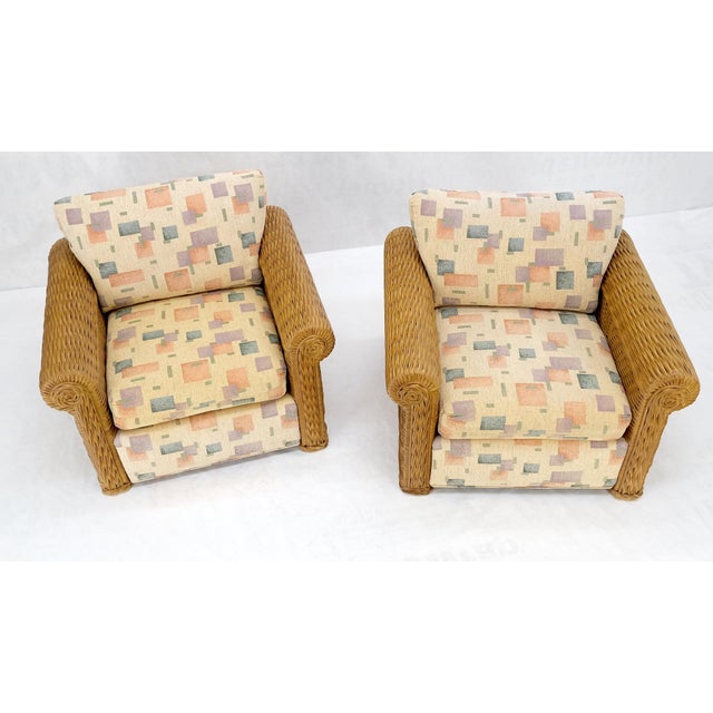 Wood Decorative c1970s Oversize Rttan Bamboo Wicker Club Lounge Chairs - A Pair For Sale - Image 7 of 12