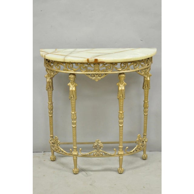 Antique Gothic Revival Oscar Bach Style Figural Bronze & Onyx Gold Console Table For Sale - Image 16 of 16
