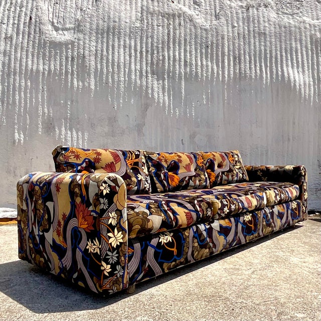 Vintage Boho Jack Lenor Larsen Mod Print Velvet Sofa | Chairish