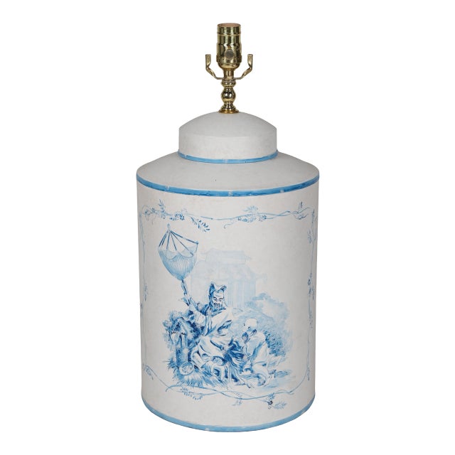 White A Pair Vintage English Export Tea Caddy Hand-Painted Chinoiserie Figurines Table Lamp For Sale - Image 8 of 10