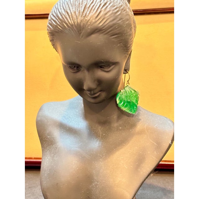 55 Ct Carved Emerald Leaf Shape Earrings 14 Kt Yellow Gold French Wire Earring For Sale - Image 10 of 18