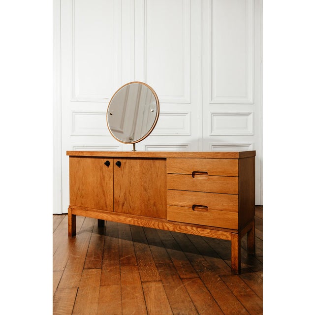 Brown Vintage Oak Sideboard with Circular Mirror, 1960s For Sale - Image 8 of 12