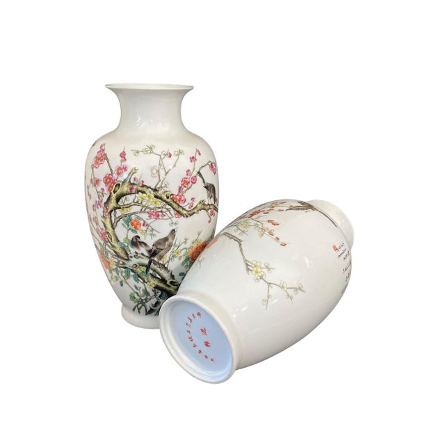 Chinoiserie Pair of Porcelain Egg Shell Spring Vases 14" H For Sale - Image 4 of 8