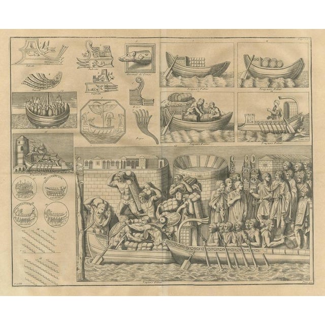 Copper Bernard de Montfaucon, Roman Ships, Prows, Coins and a Loading Scene from Trajan's Column, 1722, Engraving For Sale - Image 8 of 8