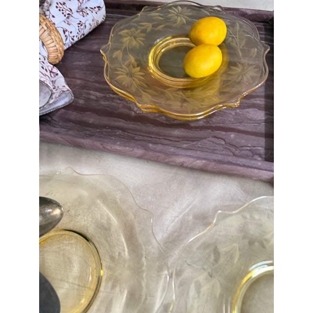 Vintage Attributed to Hazel-Atlas Amber Depression Glass Etched Plates Floral Star Pattern 7 Inch - Set of 4 For Sale - Image 9 of 12