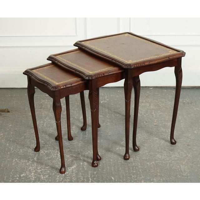 Vintage Nest of Tables with Queen Anne Legs and Brown Embossed Leather Top For Sale - Image 3 of 13