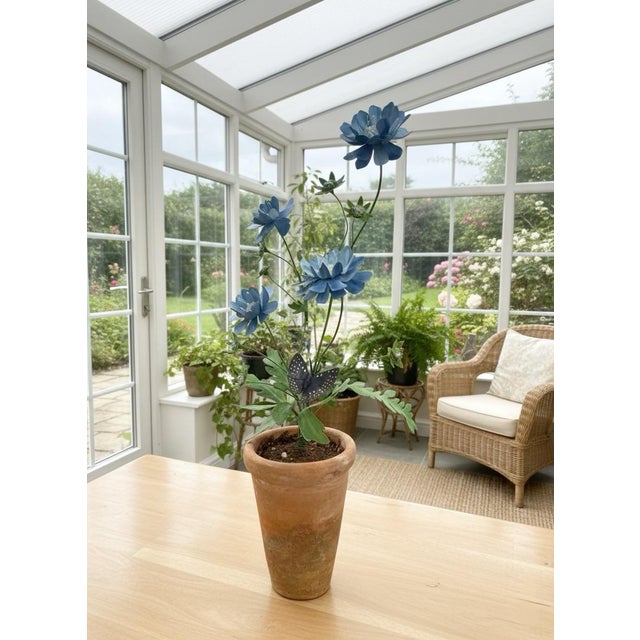2020s Charming Faux Blue Botanical Study in Terracotta Pot For Sale - Image 5 of 7