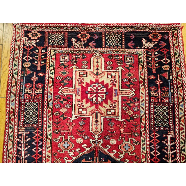 Antique Persian Heriz Karajeh Runner, Hand-Knotted Wool, Geometric Medallion Pattern, Red & Navy, 4x14 For Sale - Image 16 of 18