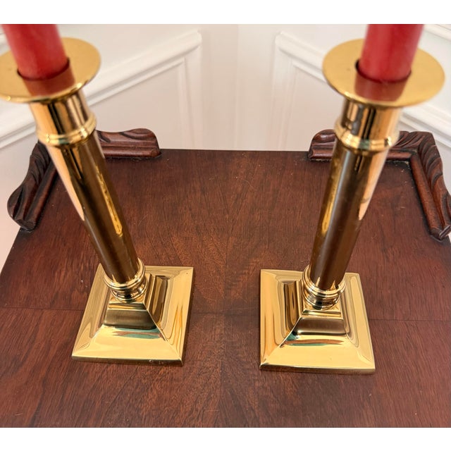 Pair of Vintage Polished Brass Neoclassical Column Candlesticks- Heavy For Sale In Charleston - Image 6 of 8