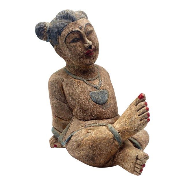 Hand Carved Asian Seated Girl Wood Sculpture 13.5" For Sale