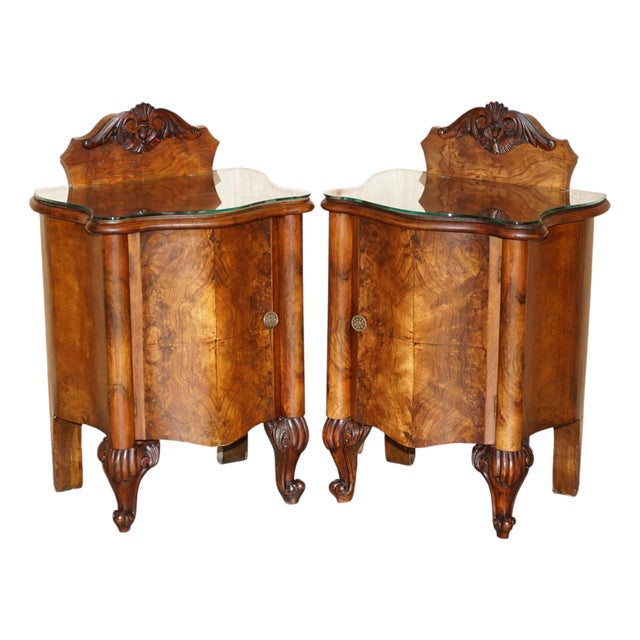 Antique Victorian Burl Walnut Nightstands, Set of 2 For Sale