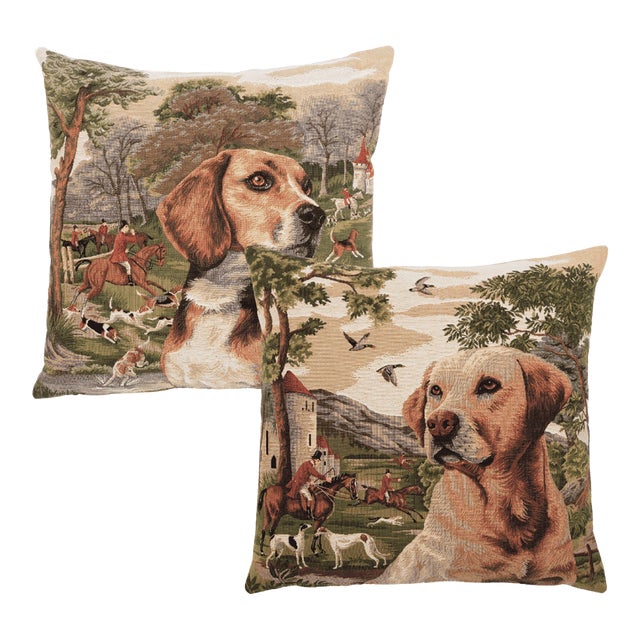 Pair of Beagle & Retriever Tapestry Cushions With Feather Filler - 46x46cm For Sale