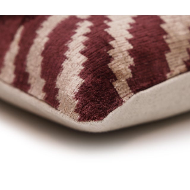 Textile Hand-Knotted Silk Velvet Ikat Lumbar Pillow - 16x24 Plum & Champagne For Sale - Image 7 of 8