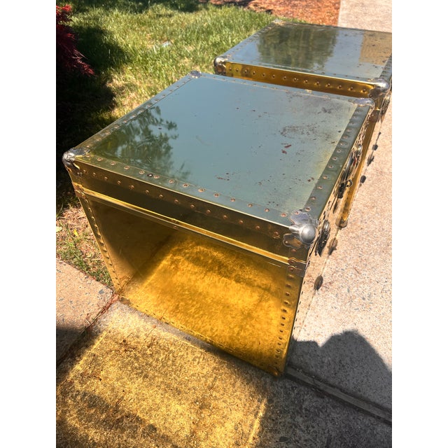 Metal Vintage Pair 1970s Large Brass Cedar Lined Storage Trunk Styled After Sarried For Sale - Image 7 of 10