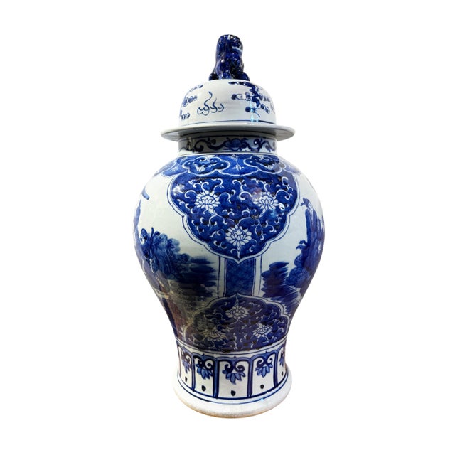 Vintage Lg Chinoiserie Cobalt Blue & White Temple Ginger Jar 23" H For Sale - Image 9 of 12